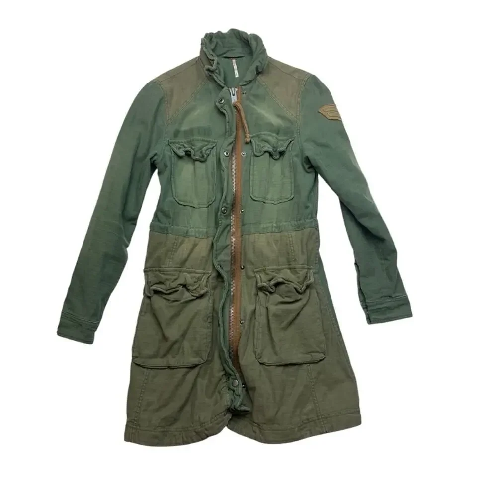 Free People size small jacket military green trench academia 80s retro patch